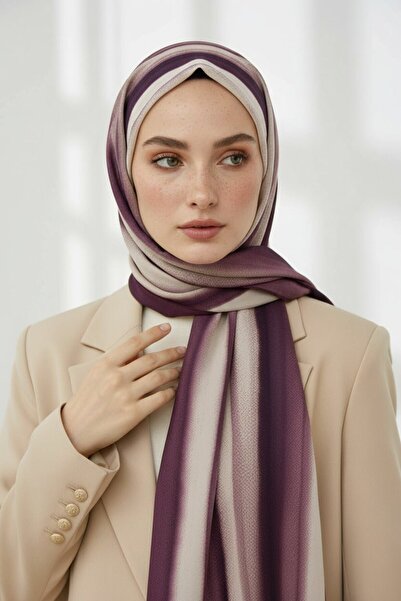 Vissona KREP SULU BOYA ÇİZGİLİ DESENLİ BORDO RENKLİ 75X195 KIRIŞMAZ ŞAL
