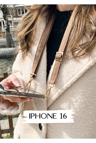 Iphone 16 Kahve Kanvas Telefon Askısı Askılı Telefon Kılıfı Cafe