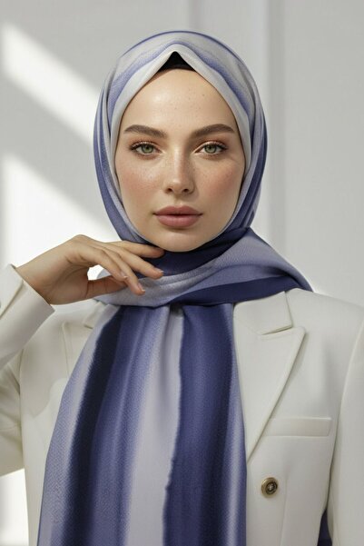 Vissona KREP SULU BOYA ÇİZGİLİ DESENLİ İNDİGO RENKLİ 75X195 KIRIŞMAZ ŞAL