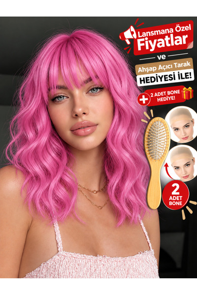 Lulu Bella Kadın Pembe Dalgalı Perçemli Peruk - 45 cm serisi 1. Kalite Isıya ...
