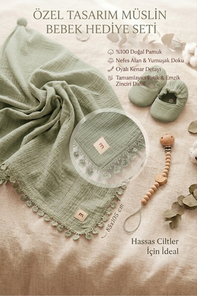 MİLAYS LİFE HOME COLLECTİON 3-Layer Muslin Blanket with Pacifier Holder and Boxed Set