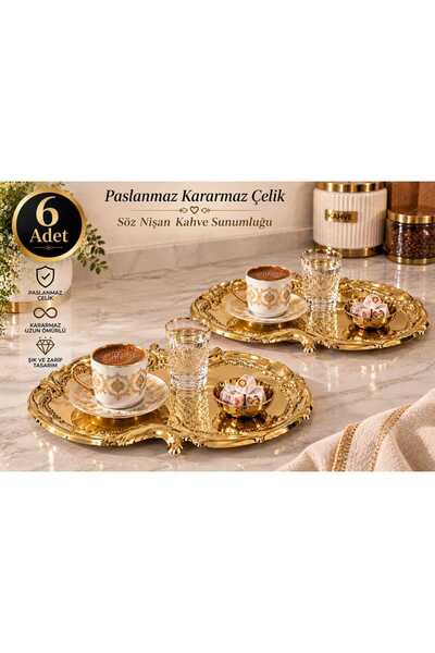 SUNVERA ÇELİK 6 Adet Gold Kahve Sunumluğu – İşlemeli Lüks Türk Kahvesi Sunum ...