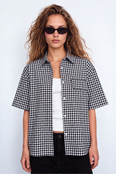 TWILIT Ekose Cepli Boxy Fit Gömlek Kadın Unisex Oversize Kısa Kollu - Siyah B...