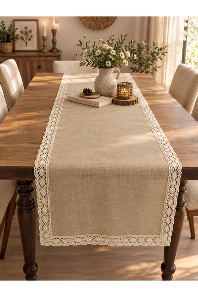 Armella Dantel Detaylı %100 Doğal Jüt Kumaş Runner - 140x40 cm Rustik Masa Ör...