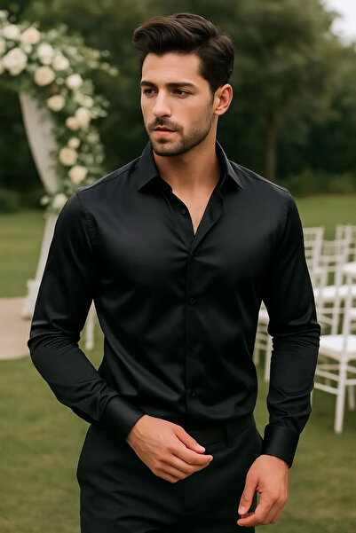 GERMEN Ανδρικό Πουκάμισο Μαύρο – Τύπου Σατέν Look