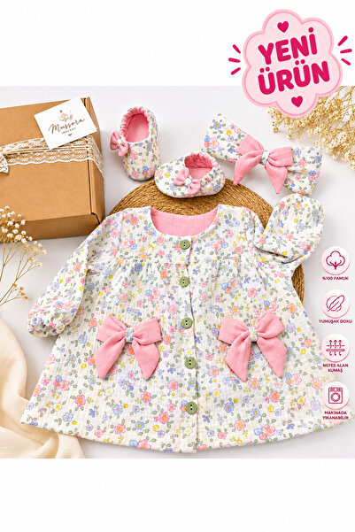 Mussora Baby Kız Bebek Düğmeli Elbise 3'lü Set Müslin kumaş!