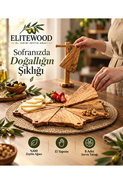 ELİTEVOOD %100 Zeytin Ağacı Ahşap Çerezlik Servis Sunum Seti 8 Parça Sunumluk