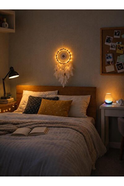Hd Marketim Led Işıklı Düş Kapanı Dreamcatcher Beyaz Kuş Tüyü Rüya Kapanı Duv...