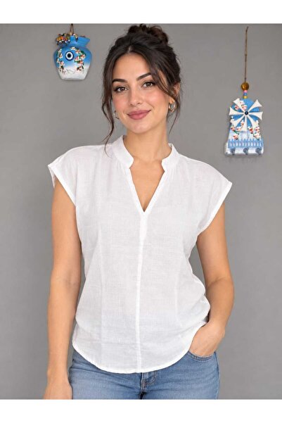 BUTİK AYVİTRİN Women's Cotton High Collar Comfortable Blouse