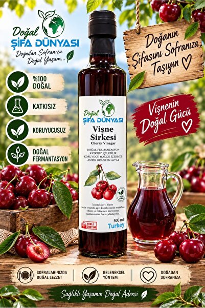 DogalSifaDünyası Vişne Sirkesi 500 ml %100 Doğal Fermantasyon Cam Şişe