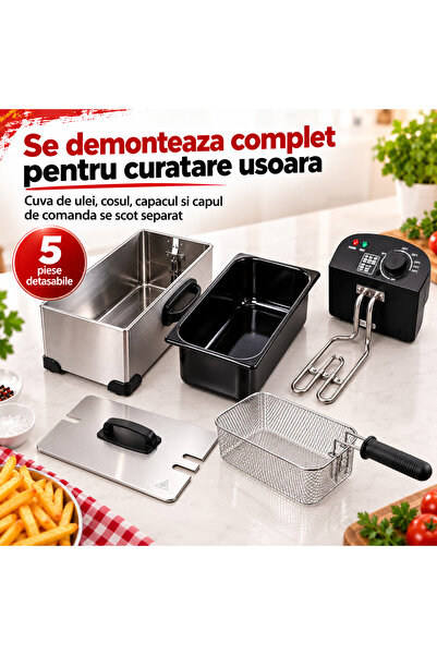 LUDORA Friteuza cu ulei, electrica, inox, Capacitate 3L, Putere 2000W, Temperatura Reglabila 0-190°C