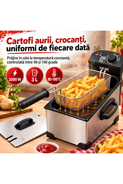 LUDORA Friteuza cu ulei, electrica, inox, Capacitate 3L, Putere 2000W, Temperatura Reglabila 0-190°C