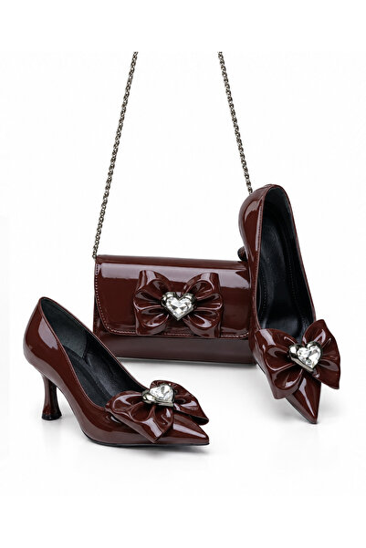 DUDYEN SHOES Γυναικείο σετ παπουτσιών και τσάντας με τακούνι 7 εκ., από καφέ ...