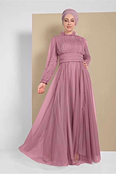 TRENDTESETTÜR KADIN PEMBE (GÜL) TÜLLÜ DRAPELİ ABİYE ELBİSE 5910