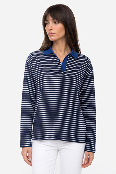 Mudo Kadın Lacivert Çizgili Loose Fit Polo Yaka Sweatshirt