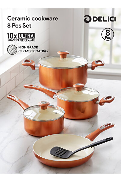 DELICI Ceramic Nonstick Cookware 8 Pcs Set NCC8CU,Nylon Turner, Easy Clean,Ga...