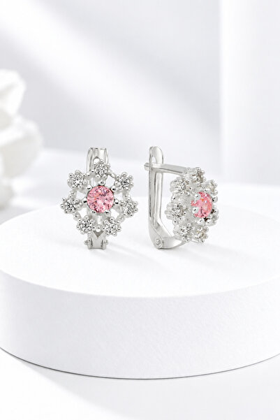 jelux silver Gümüş 925 Ayar Kar Model Pembe Zirkon Taşlı Çocuk Küpe