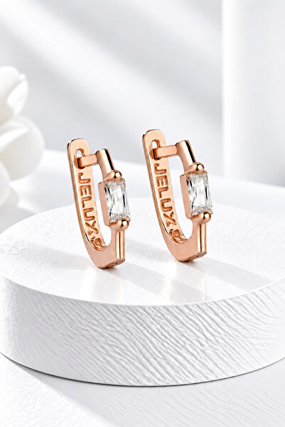 jelux silver Gümüş 925 Ayar Baget Tek Taşlı Rose Renkli Küpe