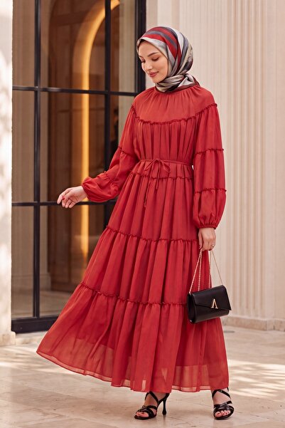 Modamorfo Elastic Sleeves, Tieable Waist, Layered Ruffle Detailed Dress - Red