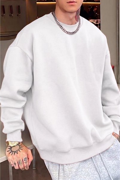 CAST COLLECTİON Men's Ecru Oversize Crew Neck Sweatshirt