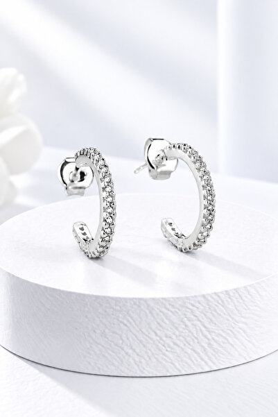 jelux silver Gümüş 925 Ayar 15 Mm Yarım Tur Zirkon Taşlı Küpe