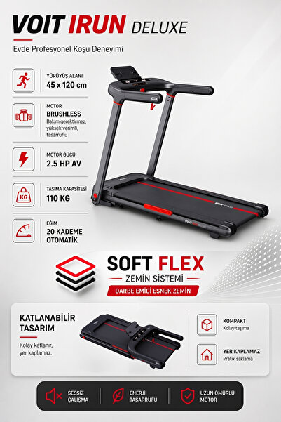 Voit I Run Delux Koşu Bandı, 20 Kademe Eğim, Brushless, Katlanabilir, 15 Km/S...
