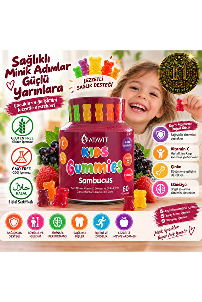 Atavit Kids Gummies Sambucus 60 Gummies | Çocuk Kara Mürver, C Vitamini, D Vi...