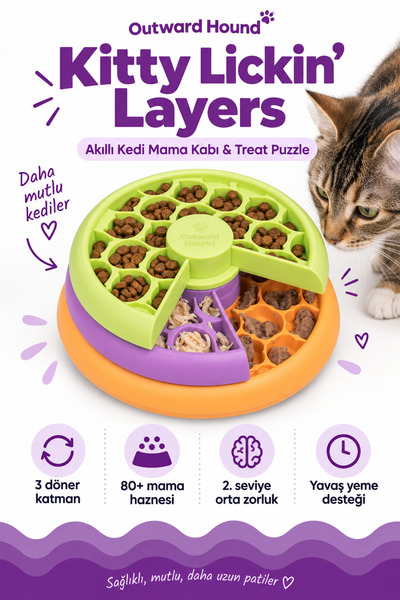 PetStages Kitty Lickin' Layers Cat Fun Feeder Treat Puzzle Akıllı Kedi Mama Kabı