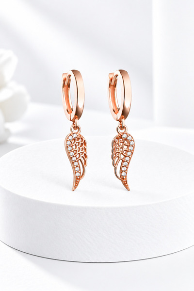 jelux silver Gümüş 925 Ayar Zirkon Taşlı Melek Kanadı Model Sallantılı Rose Küpe