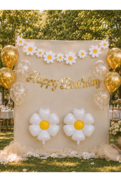 Parti Adresi Papatya Konsept Doğum Günü Süsleme Seti Gold Happy Birthday Yazılı