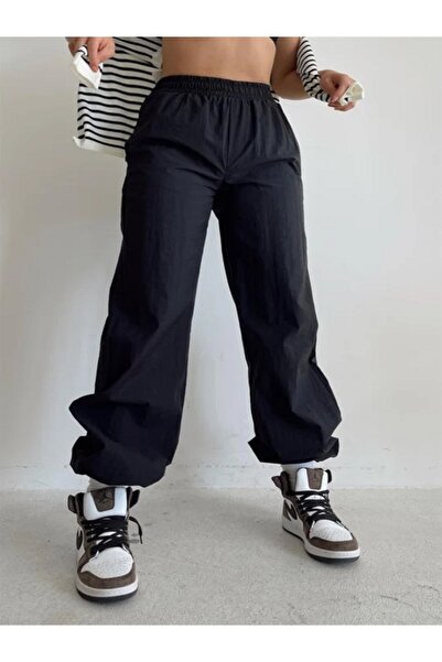 Lixera Black Parachute Pants with High Waist Elastic Waist (Order Our Table)