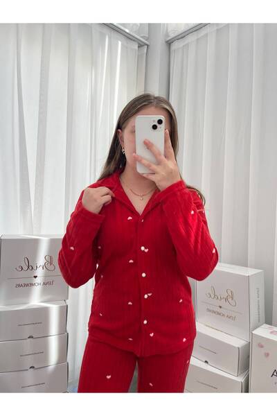 Lena Homewears Σετ πιτζάμες φλις με κουμπιά Red Dreams Heart Pattern