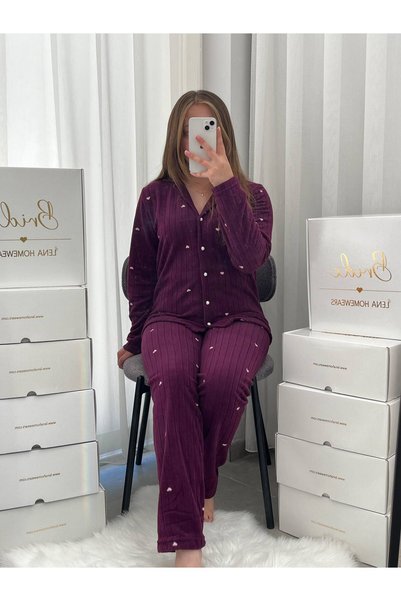 Lena Homewears Plum Dreams Heart Patterned Buttoned Fleece Pajama Set