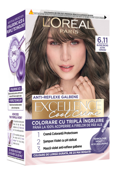 L'Oreal Paris Cremă de păr Excellence Cool Creme, cu amoniac, 6.11 Blond înch...