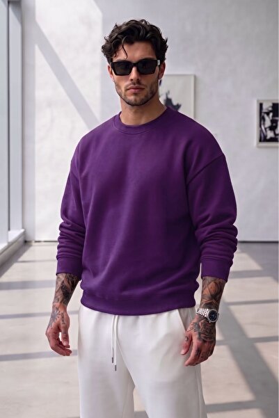 NO 601 Erkek Mor Bisiklet Yaka Kapşonsuz Kışlık Sweat