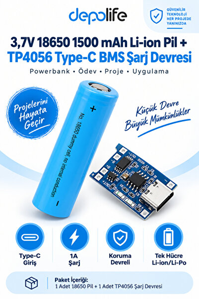 Depolife 3,7v 18650 1500mah Li-on Pil ve BMS Pil Şarj Devresi TP4056 TYPE-C P...