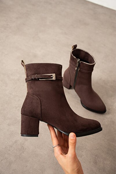 dabab shoes LUNARA Kadın Kahve Süet Tokalı Topuklu Kısa Konç Bot Bootie