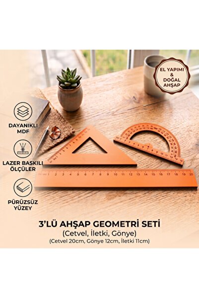 SEF-X Ahsap Tasarım Ahşap Cetvel İletki gönye seti, Turuncu cetvel, Okul malz...