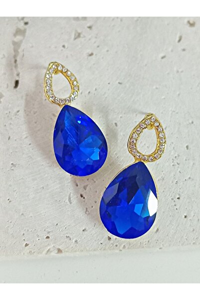 mos&more Lacivert Taşlı Damla Gold Kadın Küpe