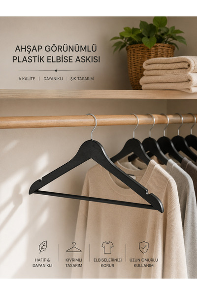 BabyLondy 48 Adet Ahşap Görünümlü Plastik A Kalite Siyah Elbise Askı