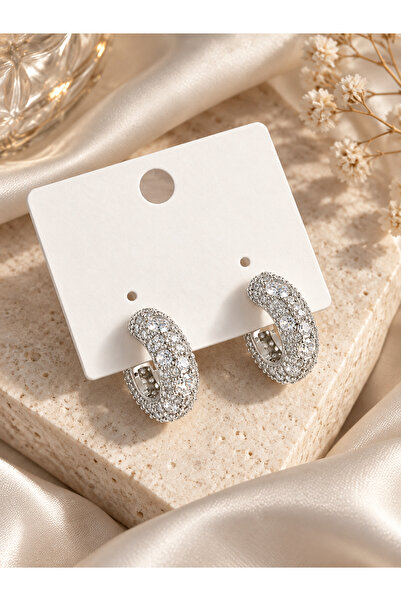serelya Brass Zircon Stone Hoop Model Silver Color Women's Earrings