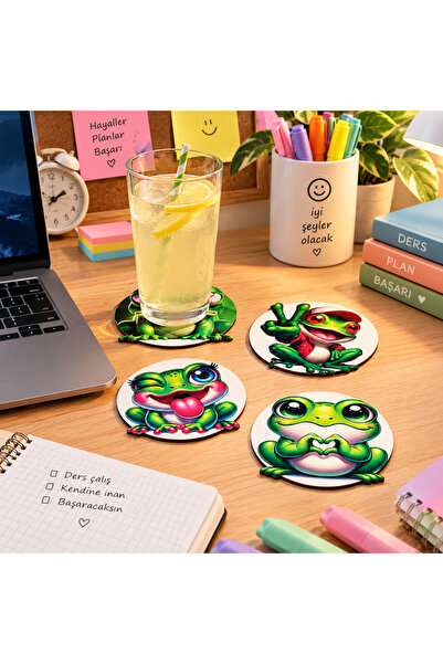 LODOS CNC Lodos 4 Pieces Wooden Frog-Shaped Coasters Suitable for Tabletops i...