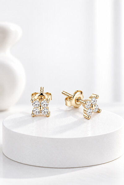 jelux silver Gümüş 925 Ayar Zirkon Taşlı Mini Gold Yonca Küpe