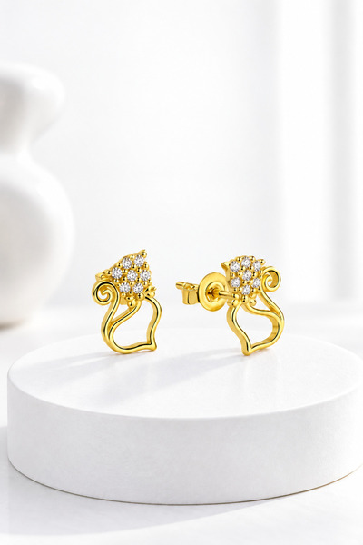 jelux silver Gümüş 925 Ayar Zirkon Taşlı Gold Kedi Çivili Küpe