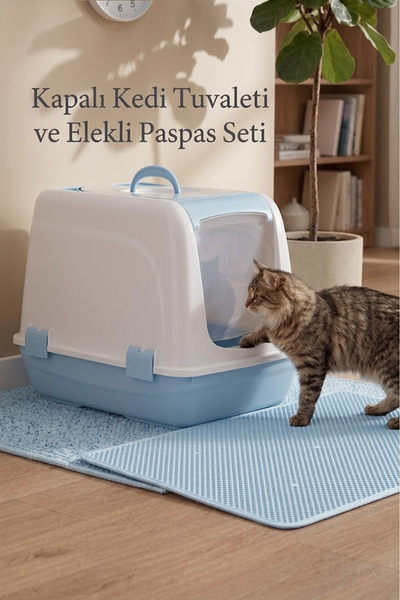 Petozi Kapalı Kedi Kum Kabı Elekli Paspas Ve Kürek Hediyeli