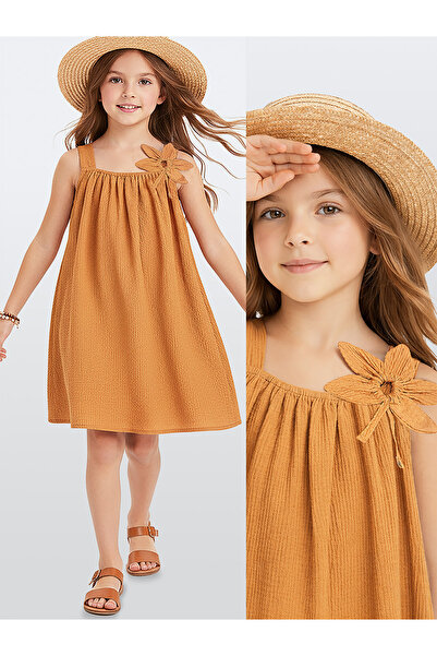 Denokids Kız Çocuk Çiçekli Elbise Hardal Sarı İlkbahar Yaz Sezonu 5-10 Yaş
