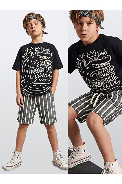 Denokids Boy's Croco Black T-Shirt and Striped Linen Look Summer Shorts Set