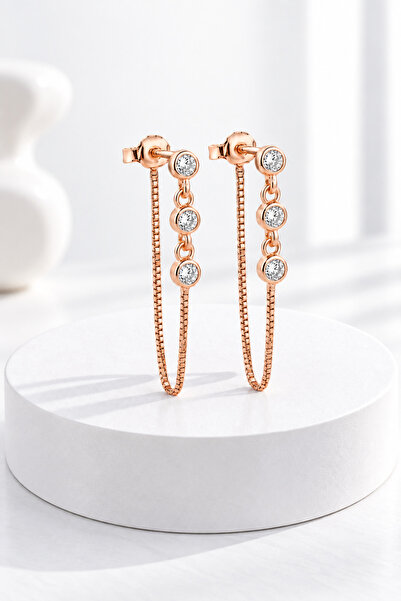 jelux silver 925 Ayar Gümüş Tria Zirkon Taşlı Zincirli Rose Küpe