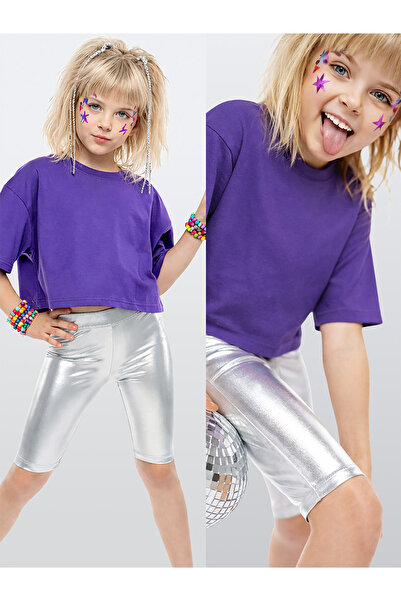 Denokids Kız Çocuk Tayt Gümüş Gri Parlak Metalik Disco Tayt Dizüstü Varak Kumaş