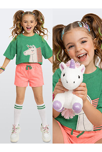 Denokids Kız Çocuk Takım Unicorn Havlu Kumaş Crop Top Üst Ve Şort Takım Yazlı...